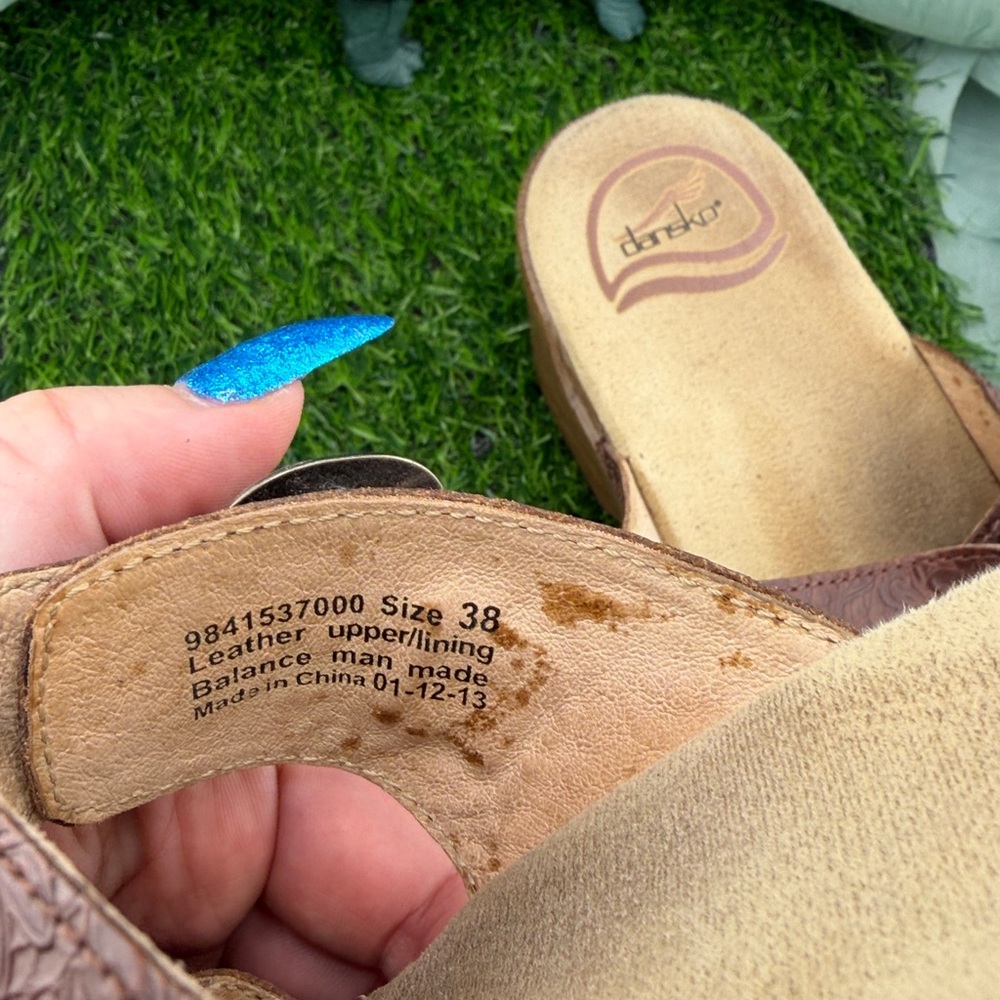 Dansko Women’s Sophie Brown Floral Tooled Leather Wedge Sandals | 38 - Picture 10 of 14